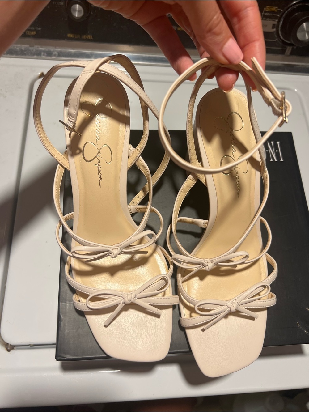 Jessica Simpson Cream Strappy Bow Ankle-Wrap Heels